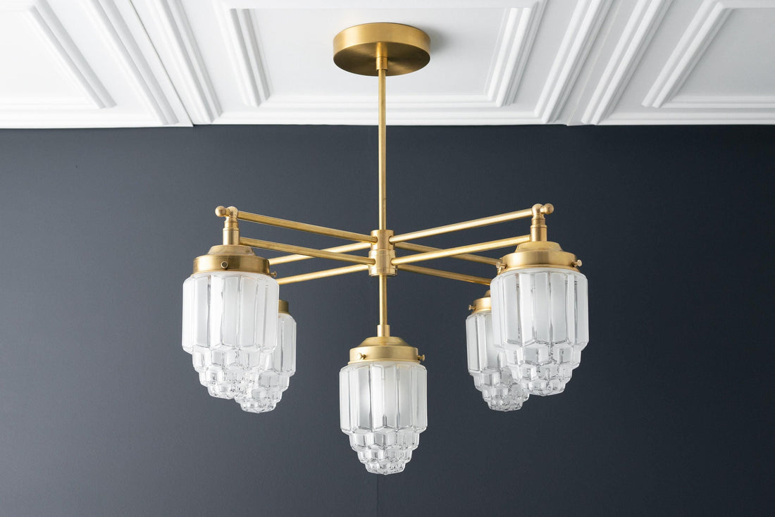 Tierlux Glass Chandelier – Vintage Brass Globe Lighting Fixture