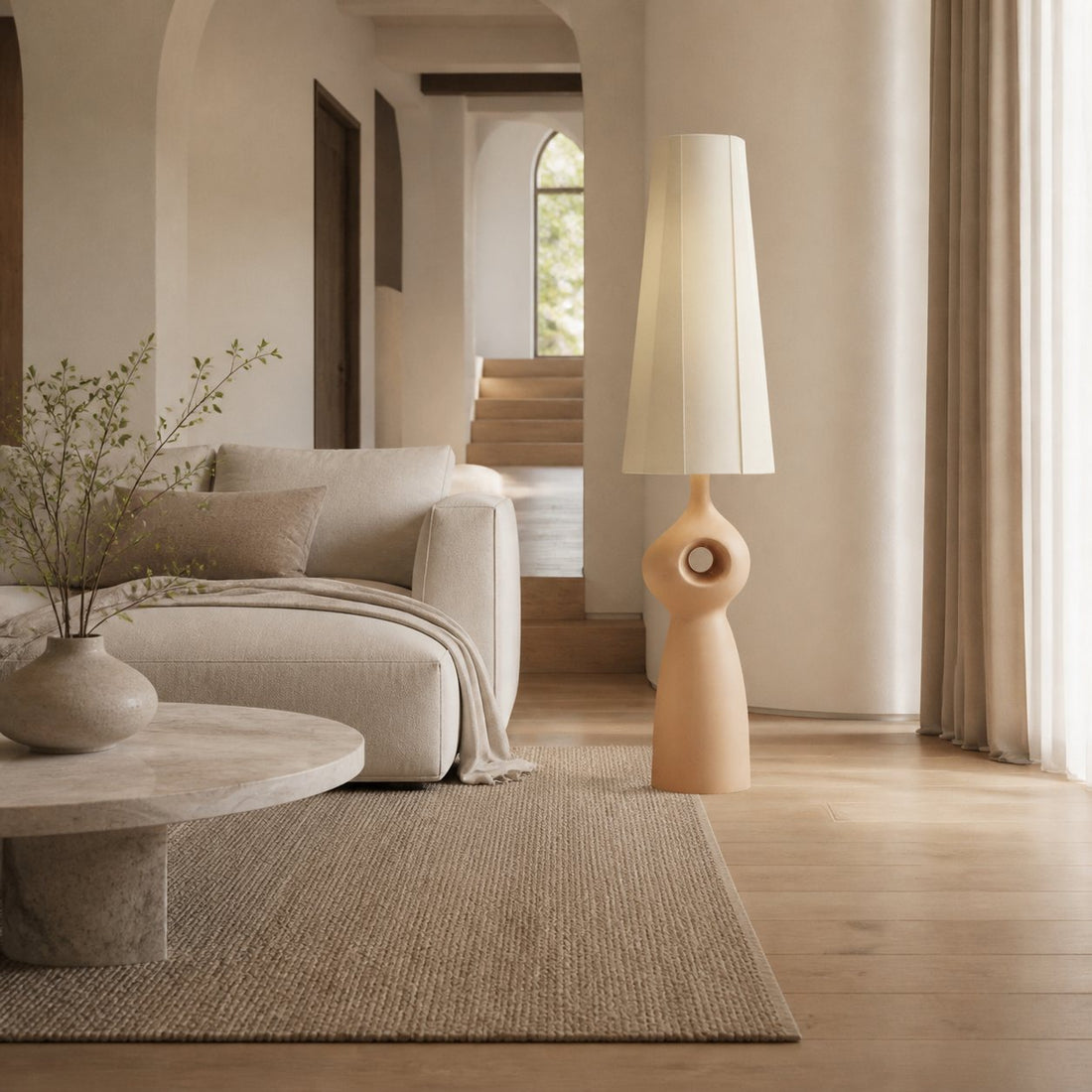 Pryssa Sculptural Ceramic Floor Lamp - Ivory Linen Shade for Living Room Accent