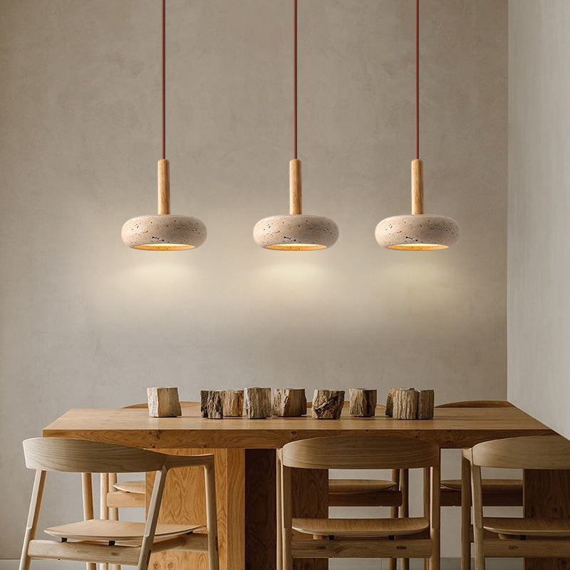 Traditional Japanese Round Wood Travertine Pendant Light
