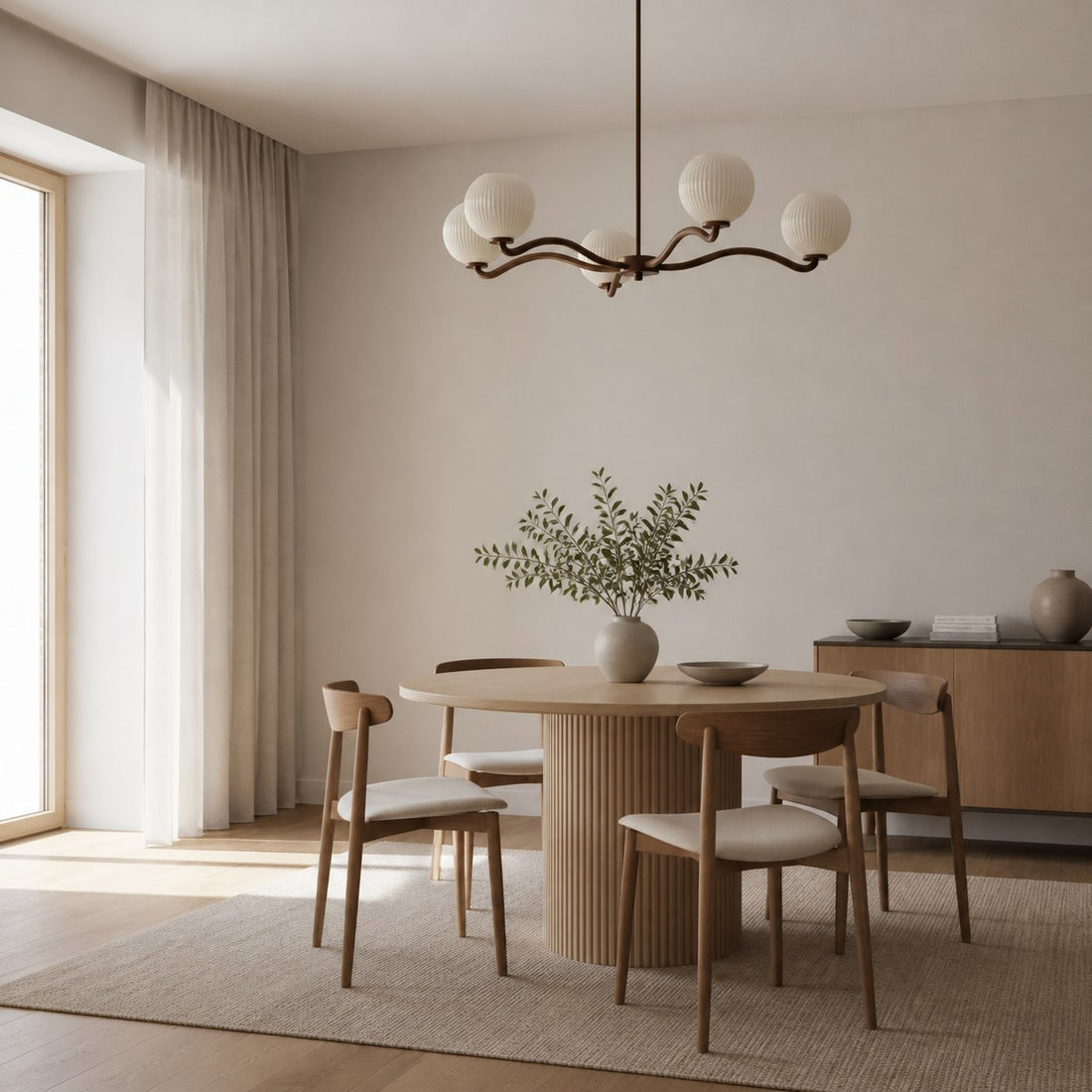 Shella Contemporary Five‑Globe Chandelier – Wood Metal Glass Pendant Lighting for Bedroom or Dining