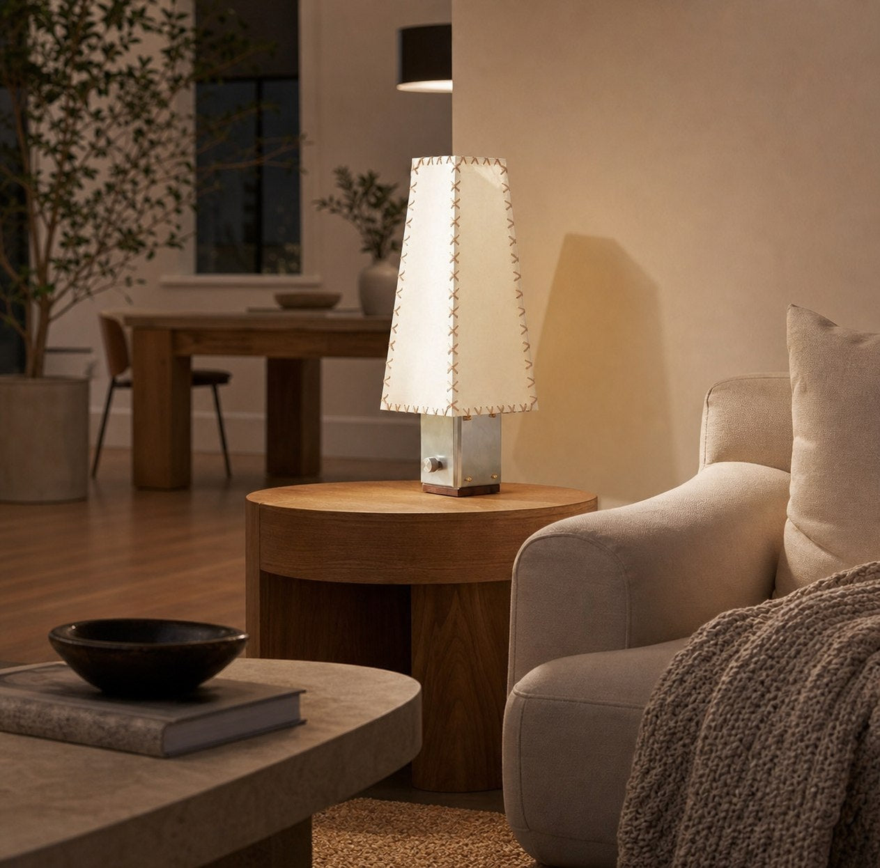 Modern Geometric Metal Table Lamp – Parchment Shade for Bedroom Nightstand Lighting