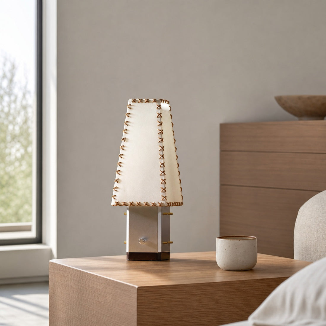 Modern Geometric Metal Table Lamp – Parchment Shade for Bedroom Nightstand Lighting