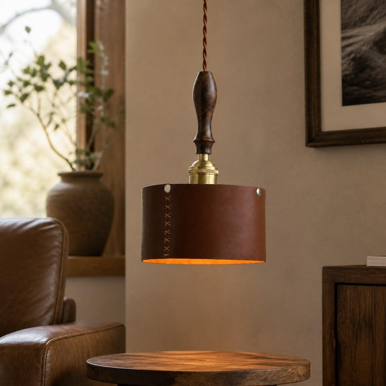 Leather pendant lamp in a warm living space