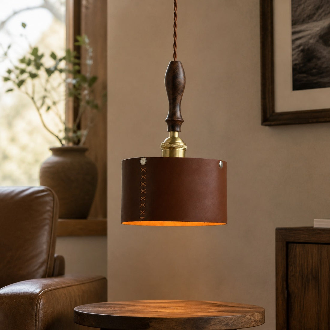 Leather pendant lamp in a warm living space