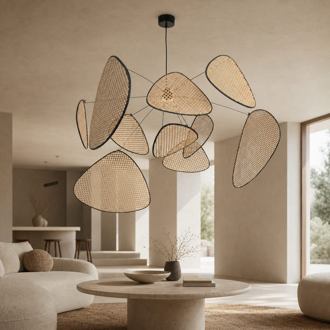 Rivana Modern Woven Rattan Chandelier – Metal Bamboo Pendant Light for Kitchens and Lounges N41