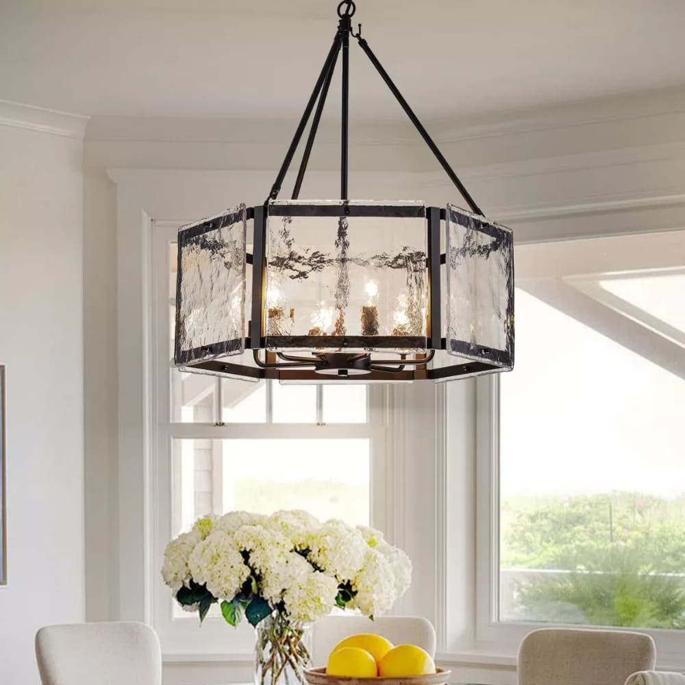 Textured Water Ripple Drum Chandelier - 6-Light Glass Pendant Light