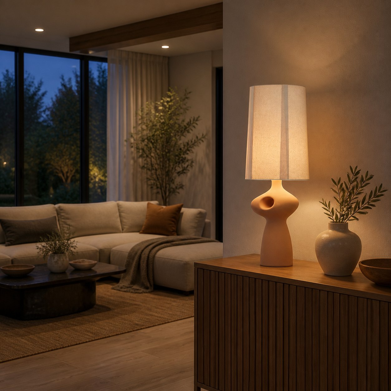 Pryssa Ceramic Table Lamp with Ivory Linen Shade -  Artistic Lighting for Living Room or Bedroom