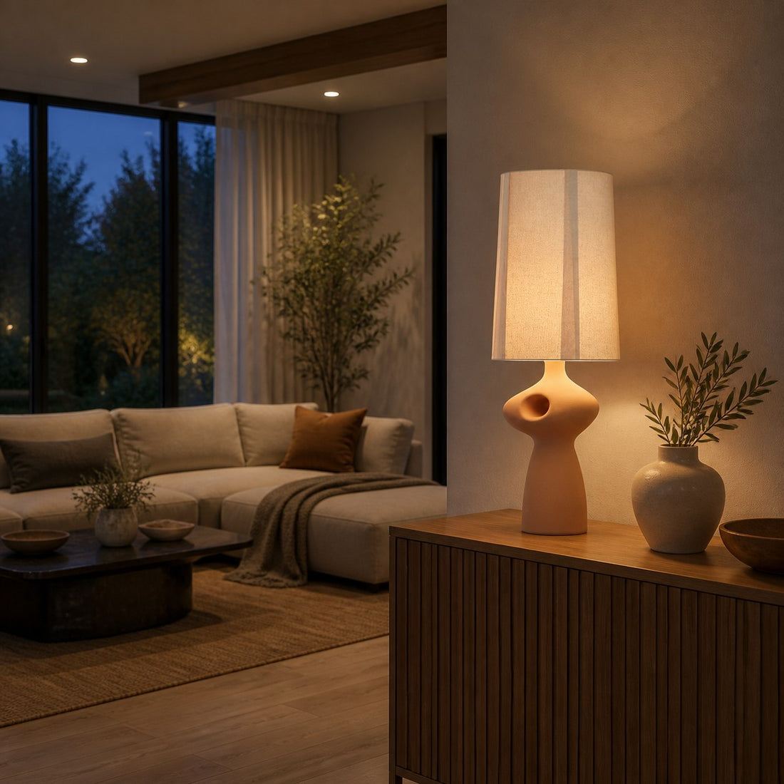 Pryssa Ceramic Table Lamp with Ivory Linen Shade -  Artistic Lighting for Living Room or Bedroom