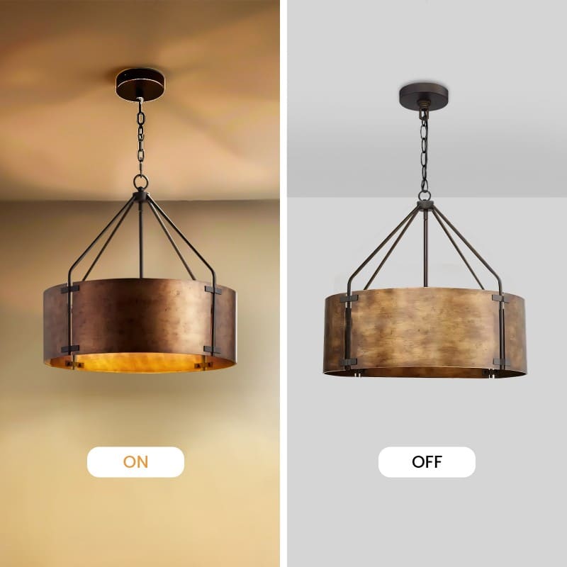 Industrial Bronze Drum Pendant Light – Rustic Metal 4 - Light Chandelier
