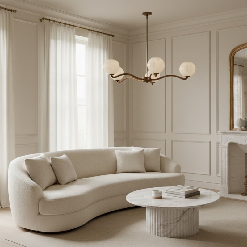 Shella Contemporary Five‑Globe Chandelier – Wood Metal Glass Pendant Lighting for Bedroom or Dining