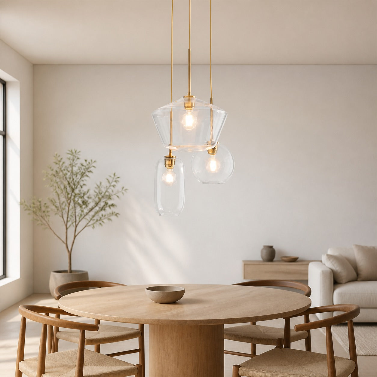 Merin Mixed Sculpture Glass and Metal Triple Chandelier