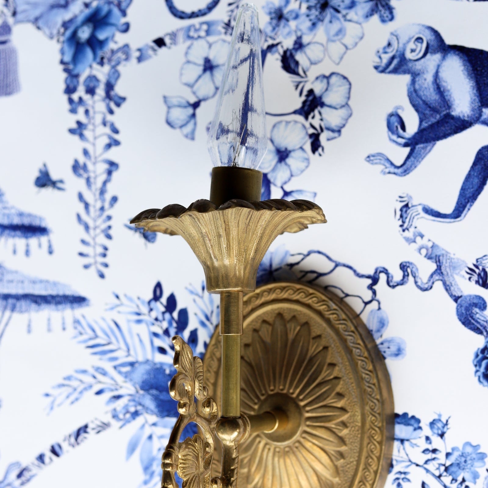 Victorian Inspired Brass Sconce Wall Light - Floral Cup & Leaf Arm Accent