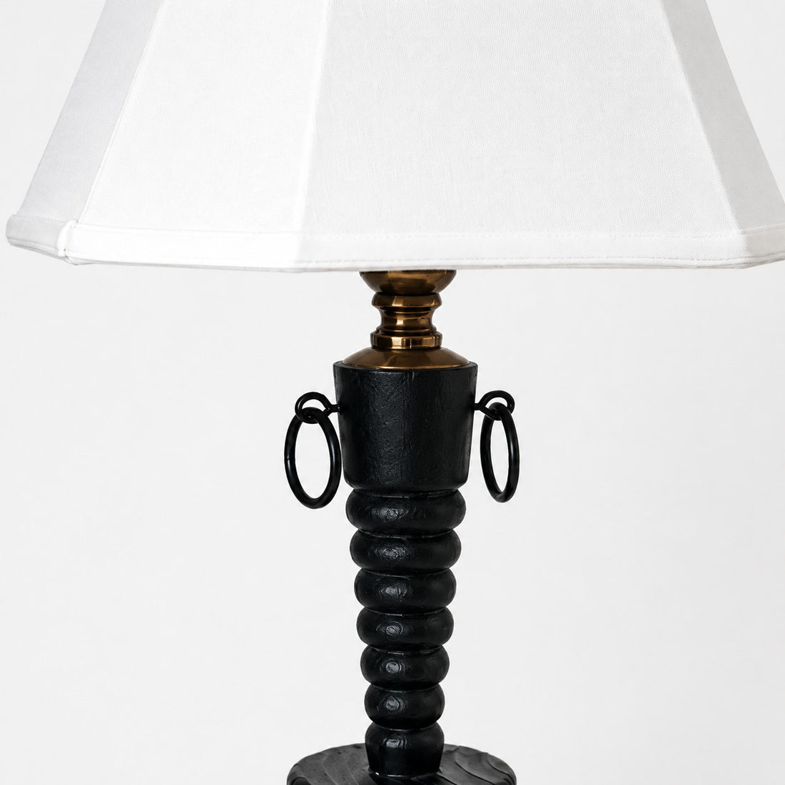 Vintage Black Wood Table Lamp with White Fabric Shade