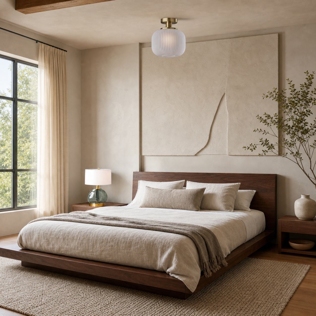 Pelviona Modern Ribbed Glass Pendant - Frosted & Brass Ceiling Light Add Timeless Charm to Your Space