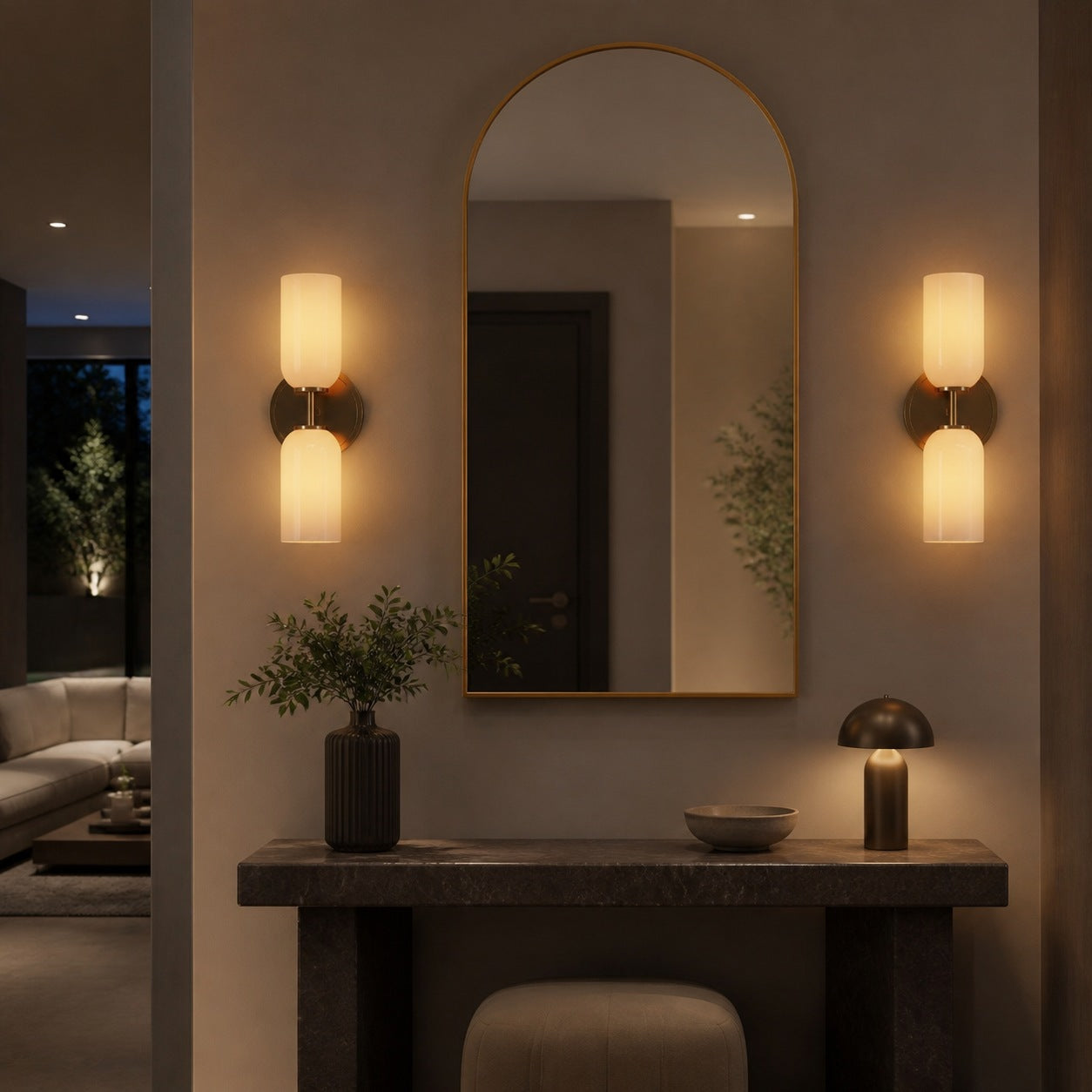 Vega Glass 2 Light Wall Sconce with Champagne Glass Shades - Modern Metal Frame Wall Light for Bathroom & Hallway