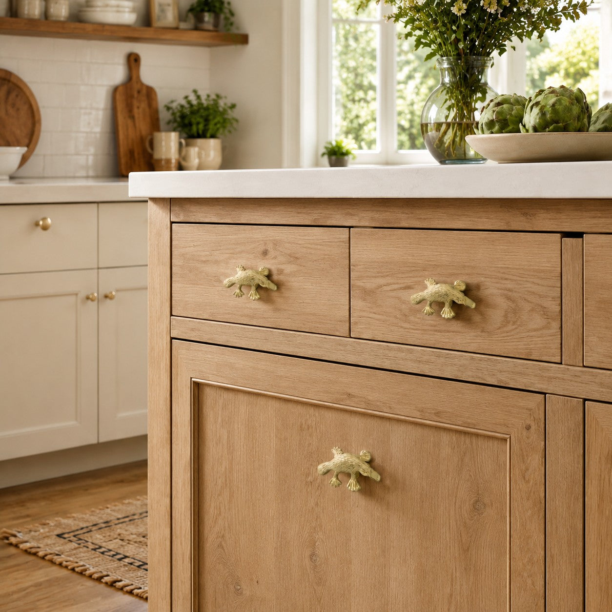 Primary Totem cabinet handles on bright kitchen cabinet