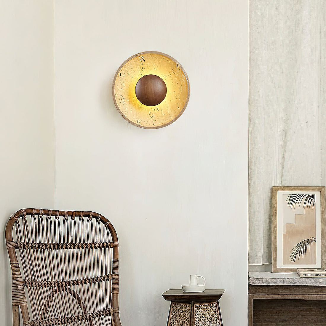 Medieval Yellow Travertine Wood Wall Lamp