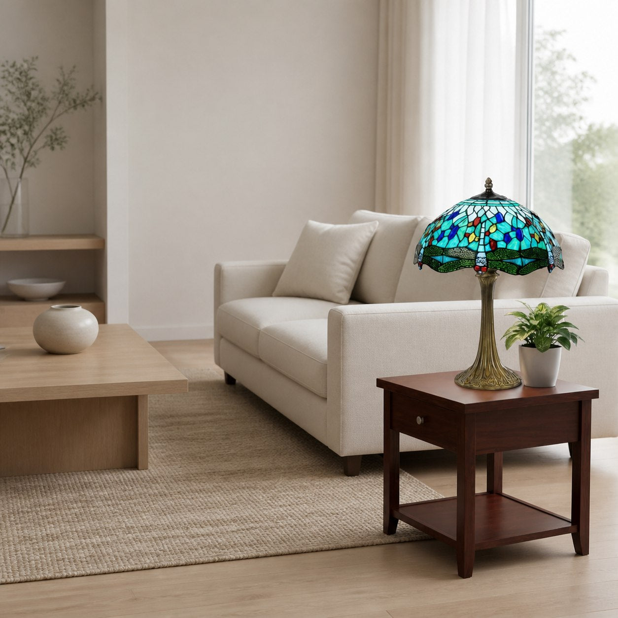 TF Dragonfly Table Lamp – Vintage Stained-Glass for Living Room & Bedroom