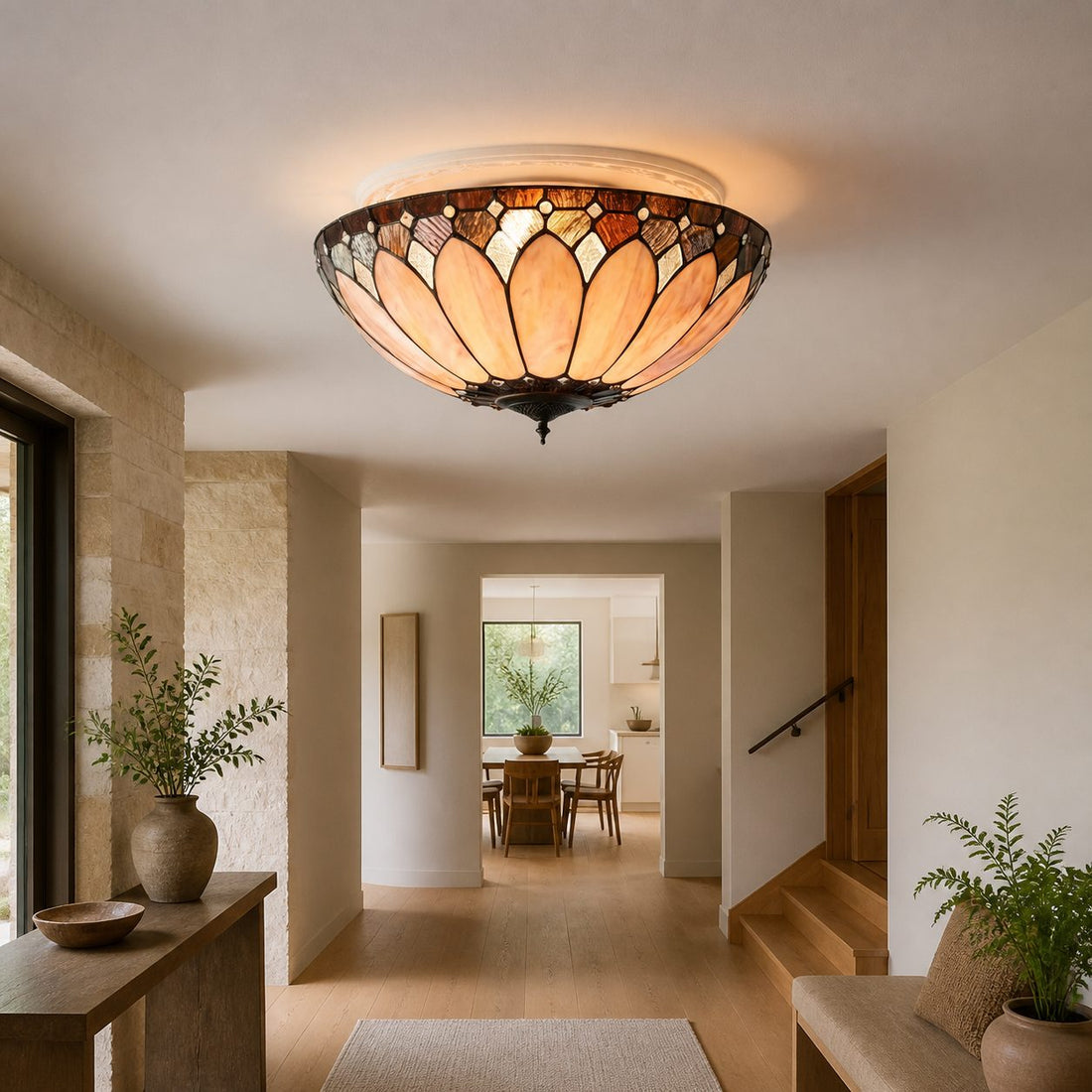 TF Brooklyn Tiffany Glass Flush Mount Ceiling Light - Art Deco Design for Hallway or Living Room