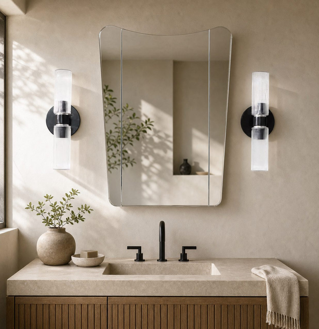 Rivora Fluted Glass Double Short Sconce - Indoor Outdoor Wall Light Elegance