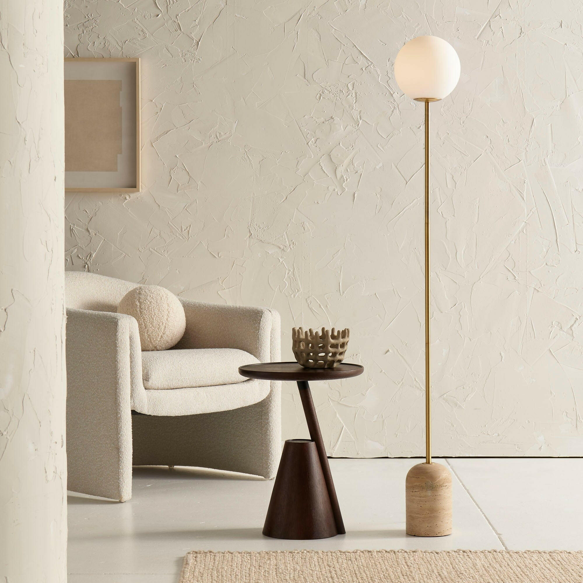 Modern Minimalist Travertine Base Glass Orb Floor Lamp