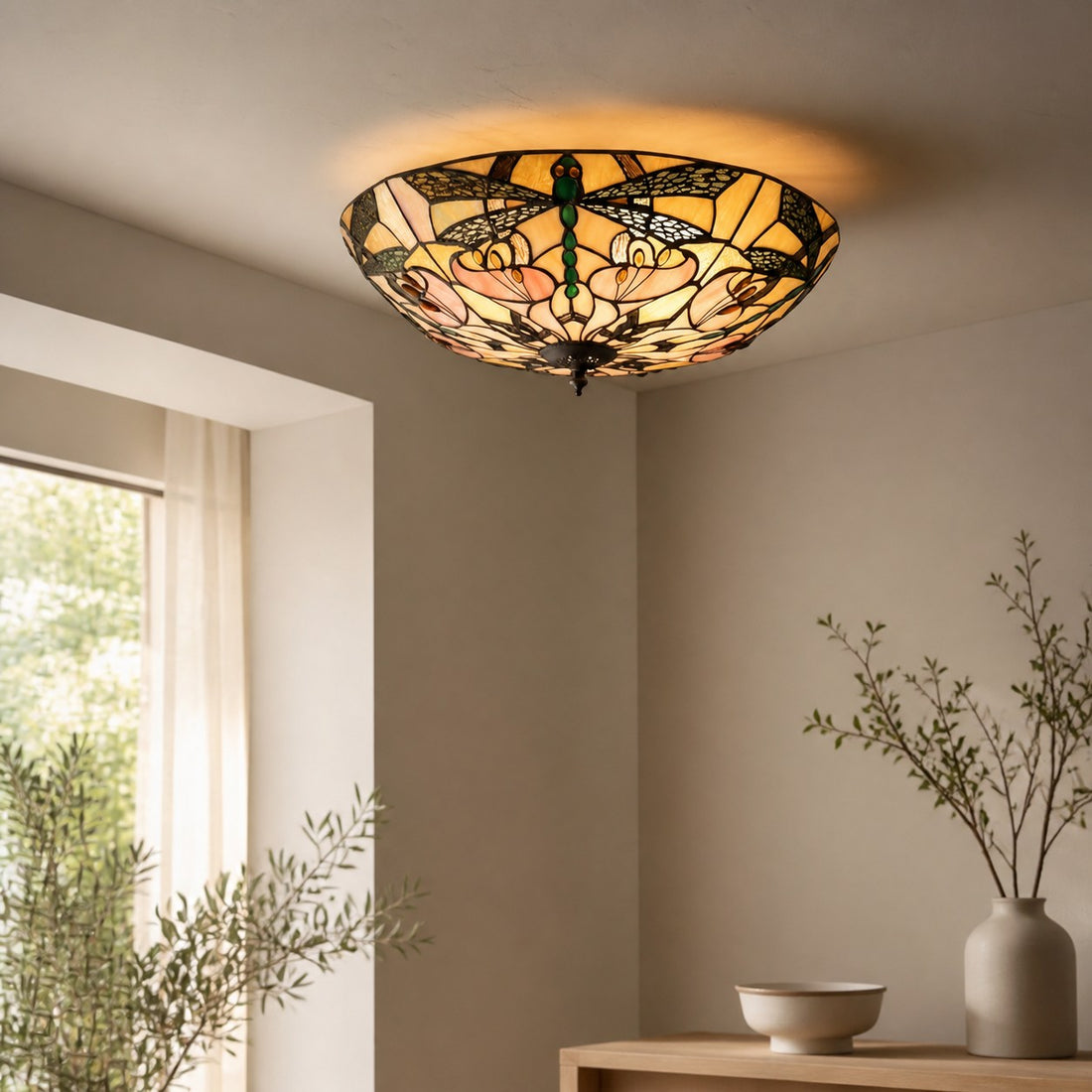 TF Ashton Tiffany Dragonfly Motif Tiffany Glass Flush Surface Mount - Transitional Style for Bedrooms and Lounge Spaces