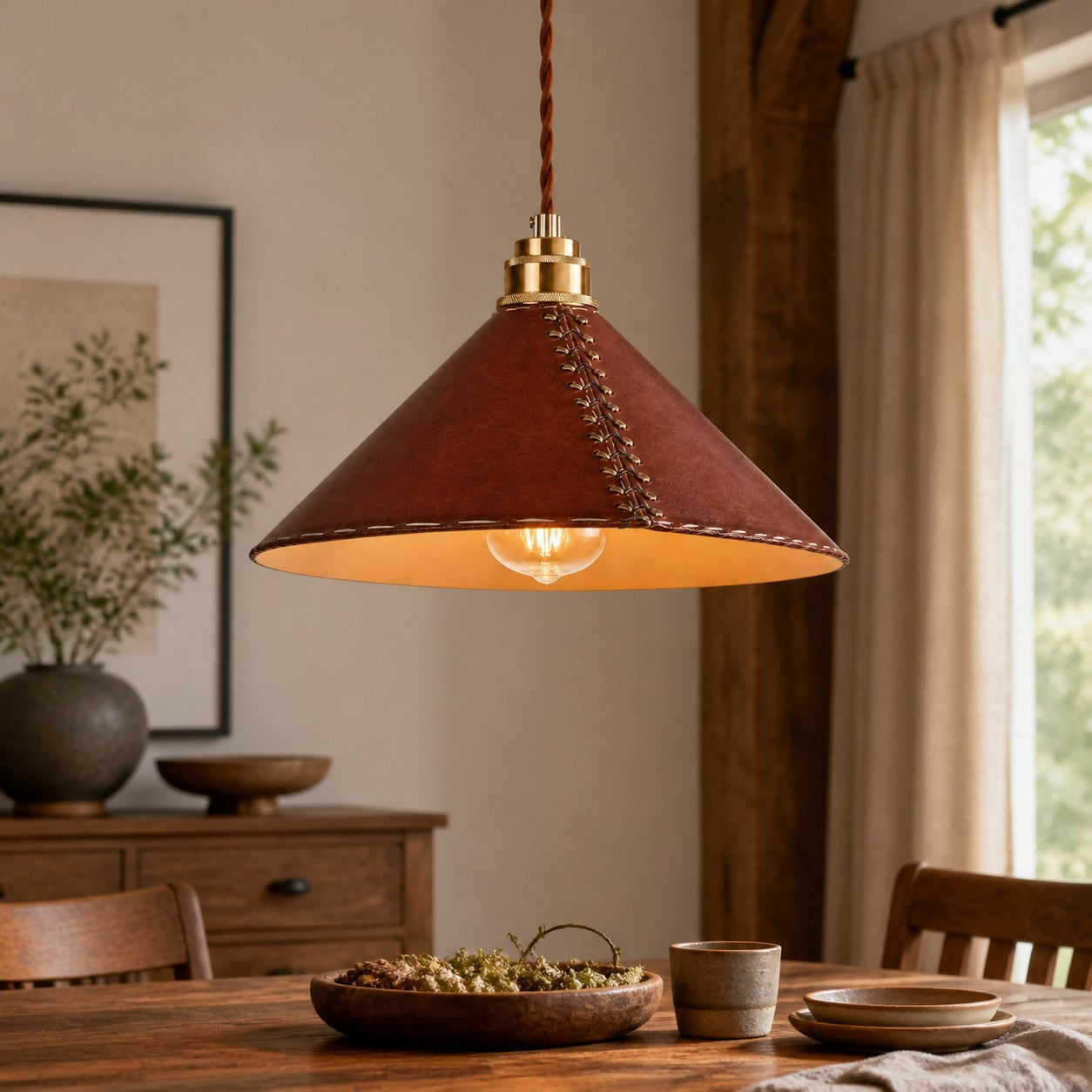 Riveted Conical Leather American Vintage Pendant Lamp for Dining Room and Kitchen