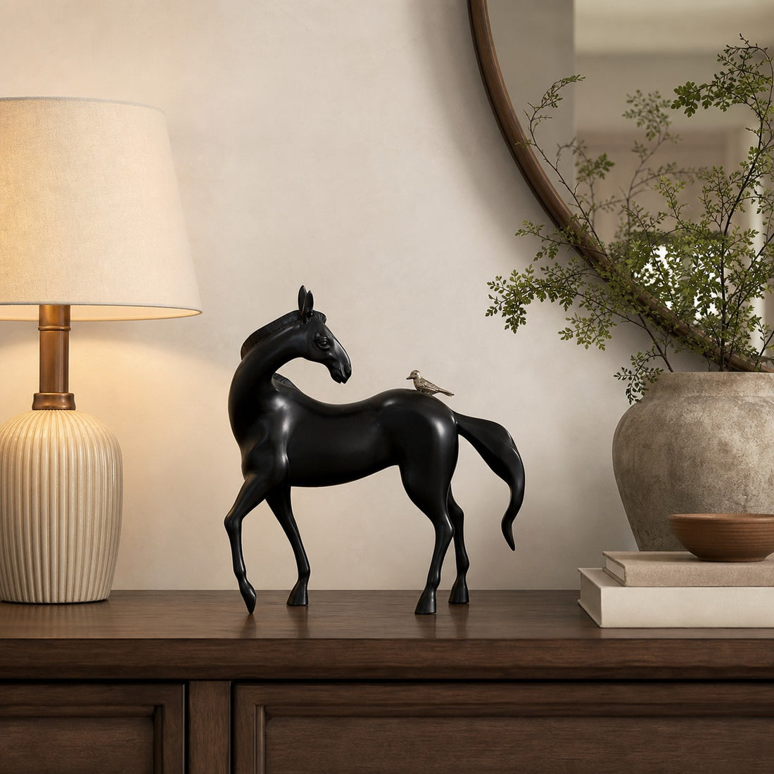 Equora black horse and copper bird sculpture detail