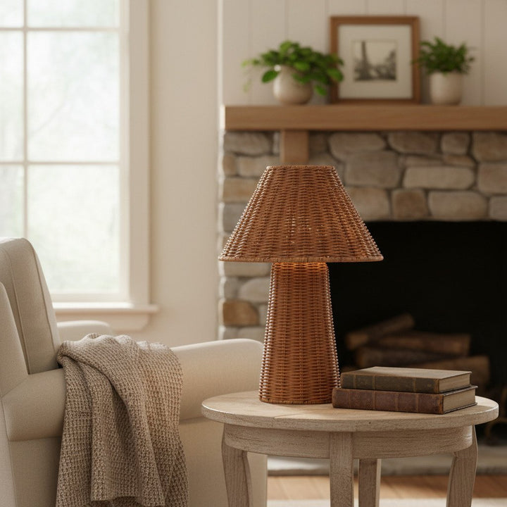 Wickara Sculptural Rattan Mini Table Lamp - Natural Woven Finish Suitable for Side Tables & Entryways