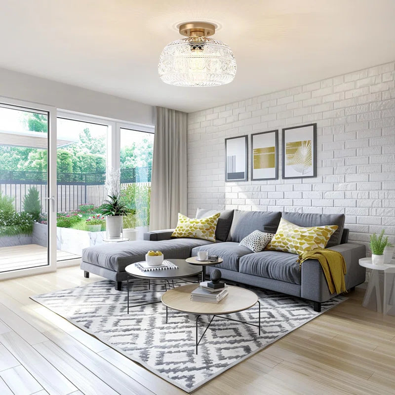 Vintage Glass Semi Flush Mount Ceiling Light with Flora Engraved Pattern