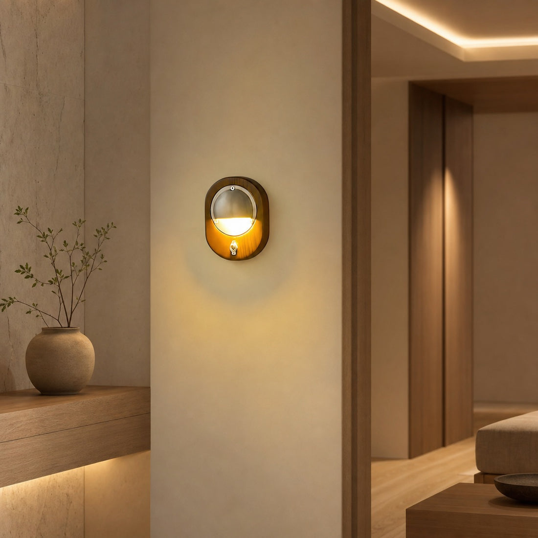 Ivoran Modern Wall Sconce - Ash Wood and Brass Spherical Lamp for Bedroom and Hallway