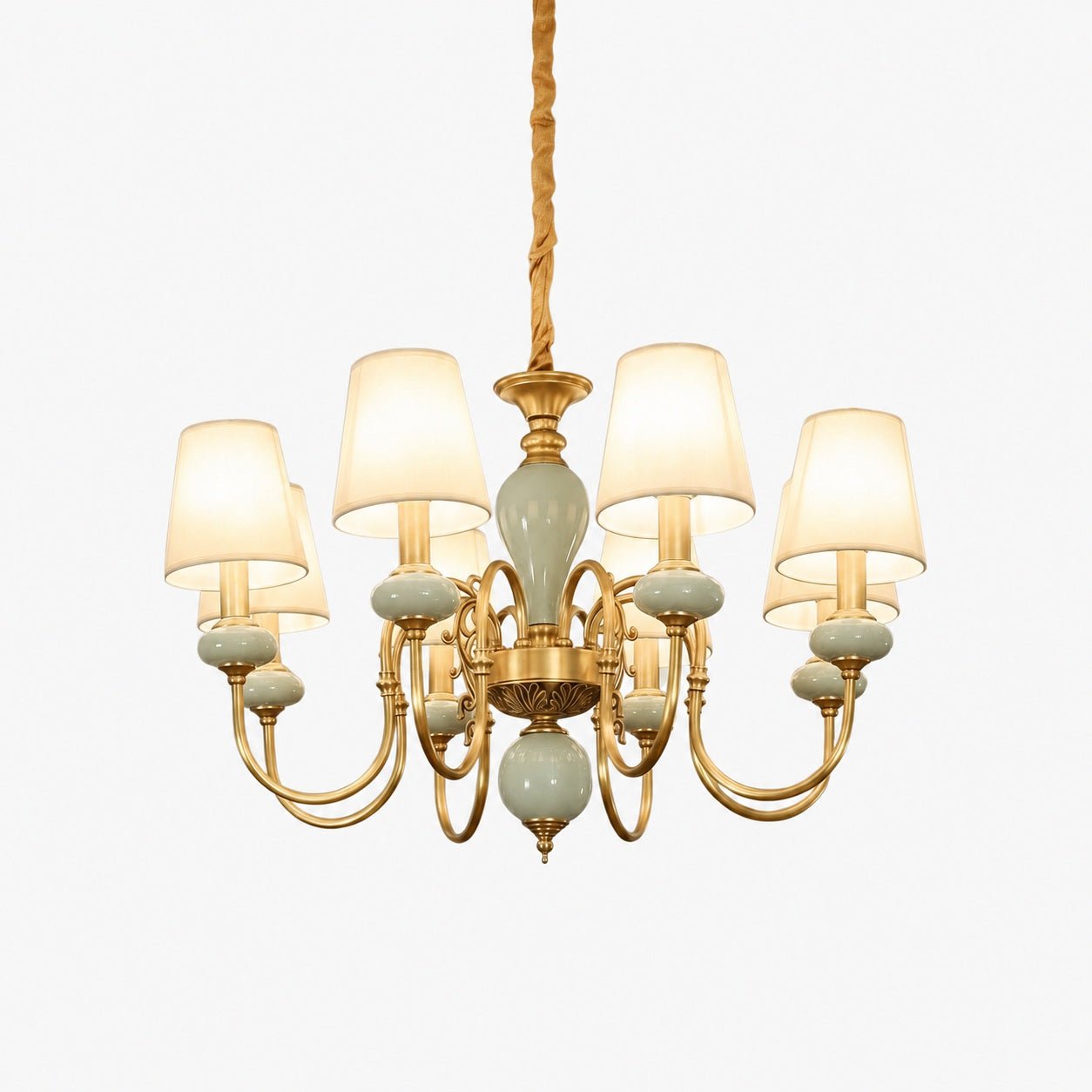 Altoris Series Branch Chandelier with Fabric Shades – Brass Ceramic Chandelier for Living Room