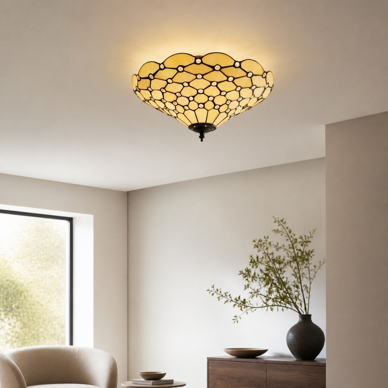 TF Pearl Handcrafted Tiffany Ceiling Light – Art Deco Stained Glass Light for Hallway or Living Room