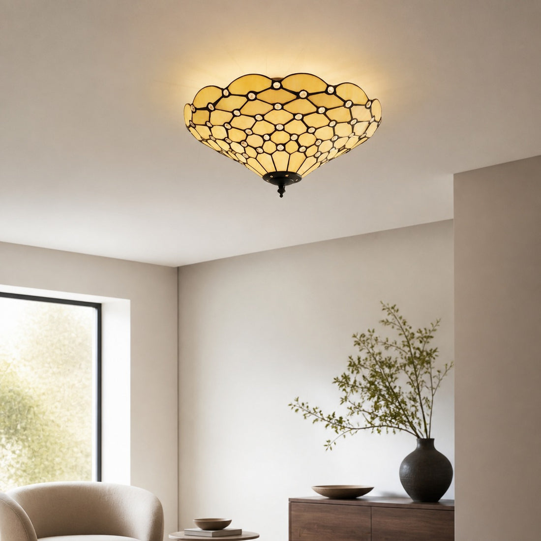 TF Pearl Handcrafted Tiffany Ceiling Light – Art Deco Stained Glass Light for Hallway or Living Room