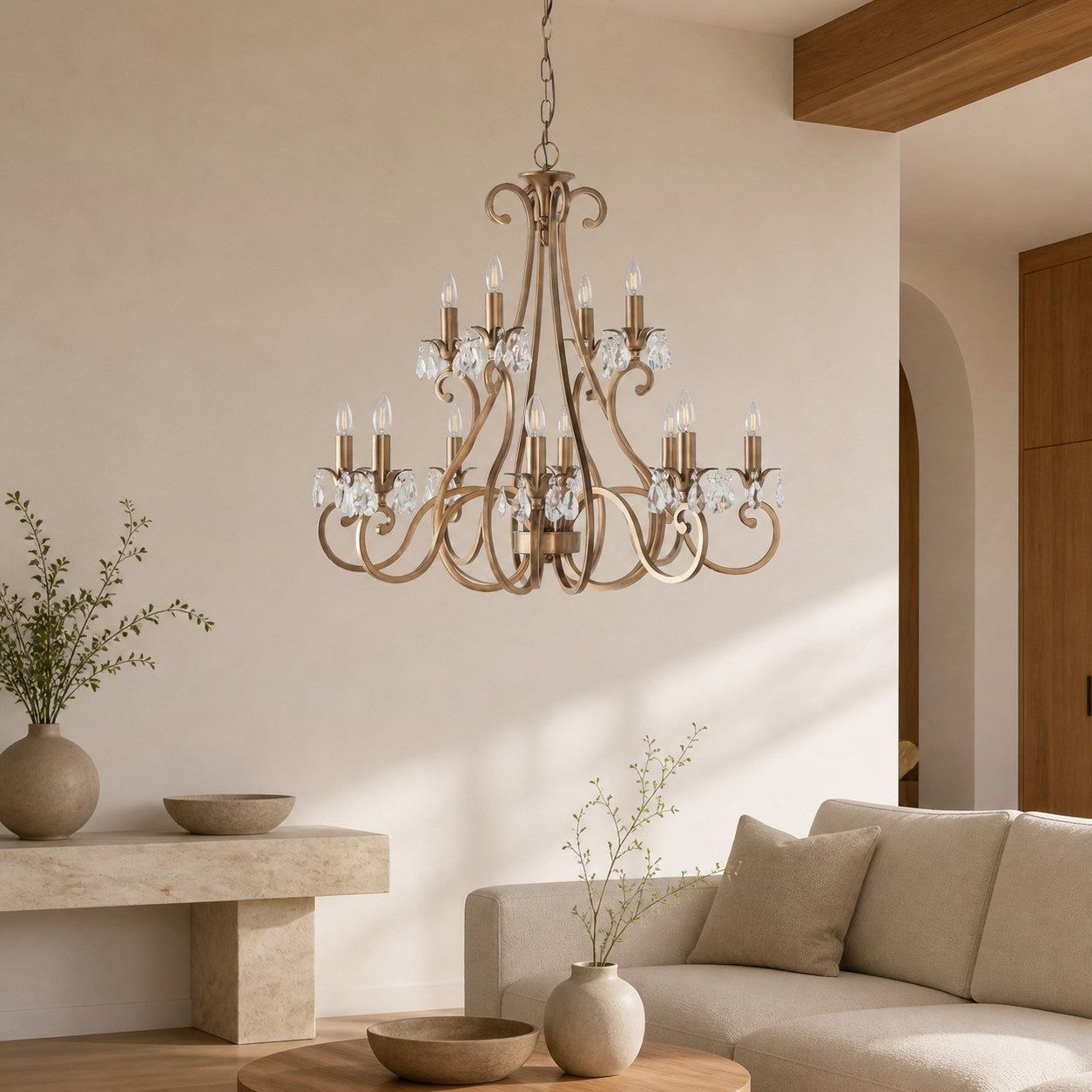 Talonis Crystal Chandelier - Traditional Candle-Style Brass and Nickel for Living Room and Dining Room