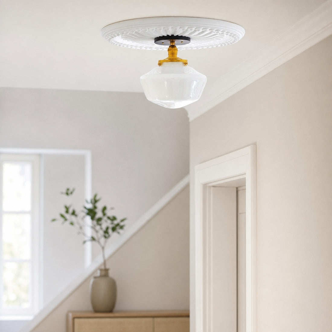 Geotower Glass Brass Ceiling Light - Opal Glass Schoolhouse Shade - Modern Elegance