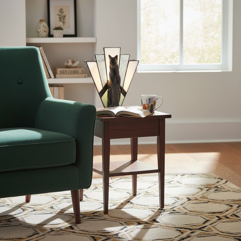 TF Felix Table Lamp – Art Deco Design with Glass Shade and Cat Figurine for Living Room or Bedroom