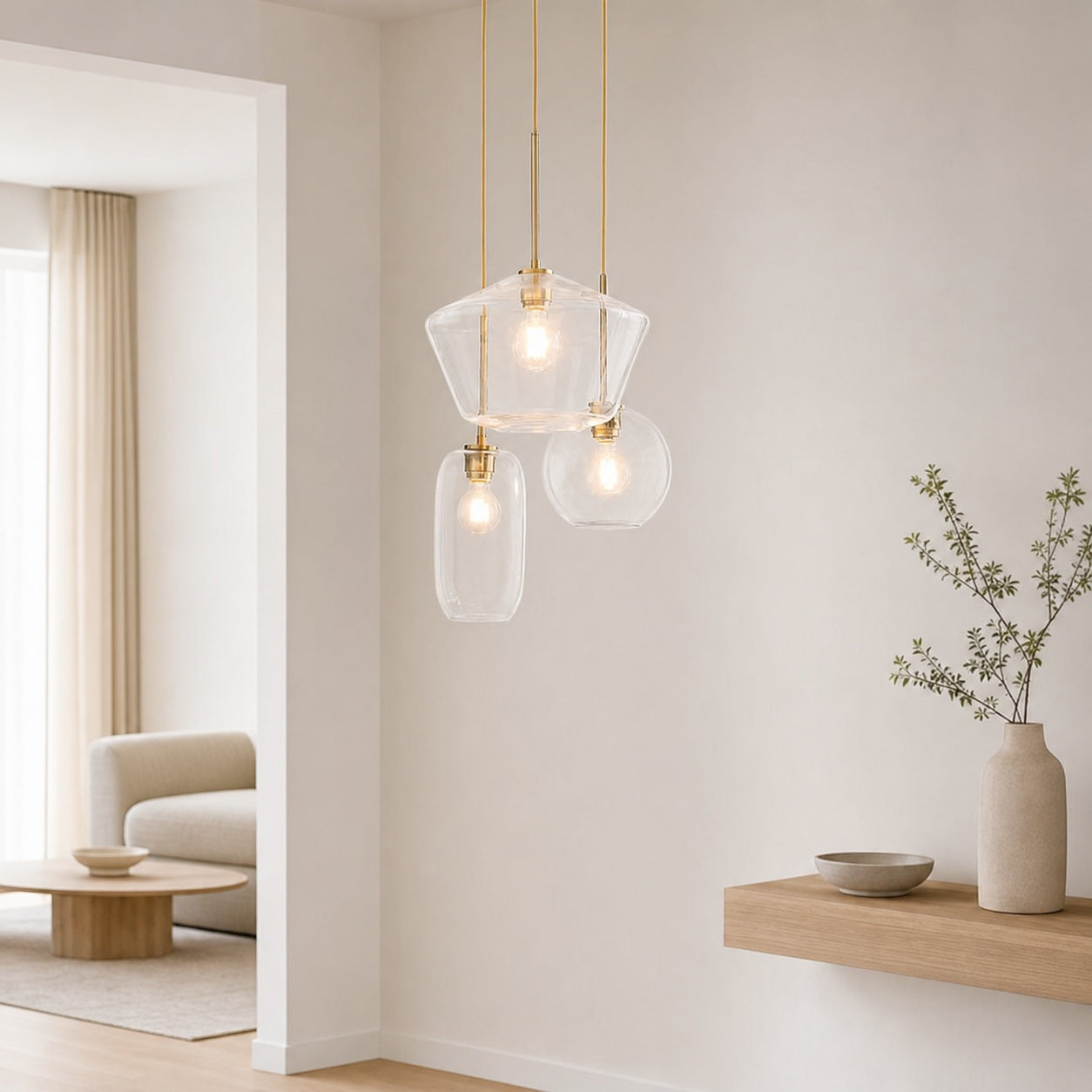 Merin Mixed Sculpture Glass and Metal Triple Chandelier