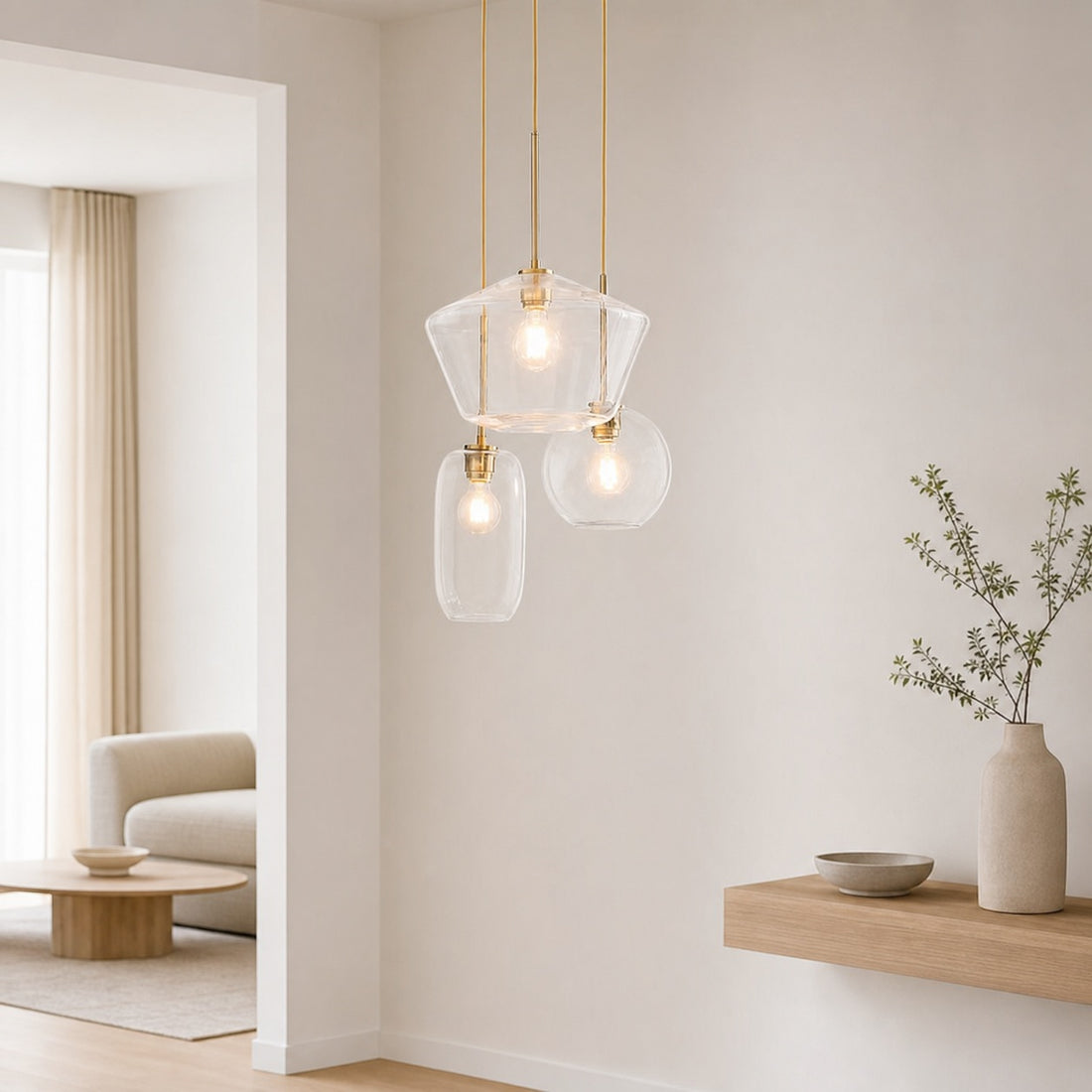 Merin Mixed Sculpture Glass and Metal Triple Chandelier