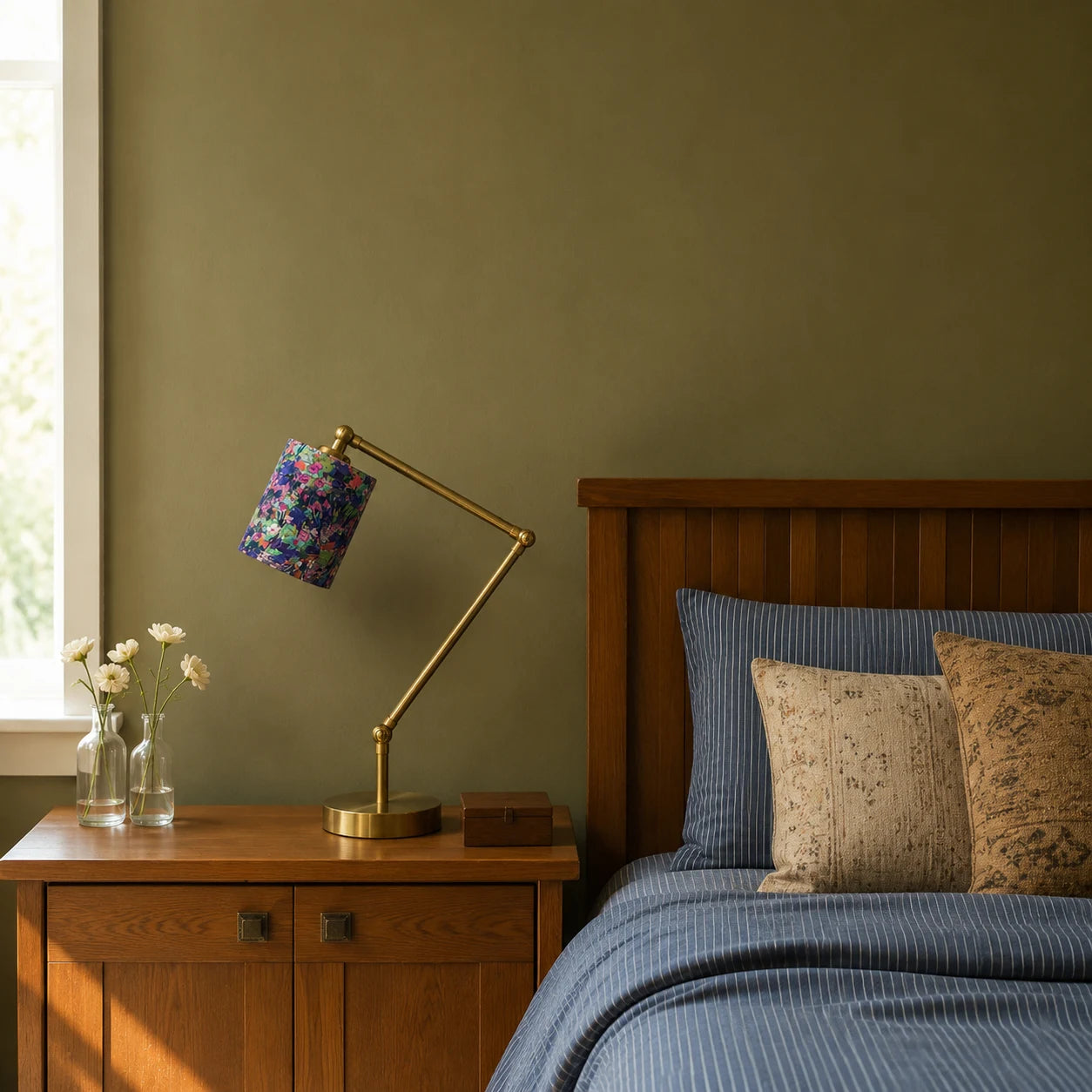Purple floral table lamp on a bedside table beside a wooden bed
