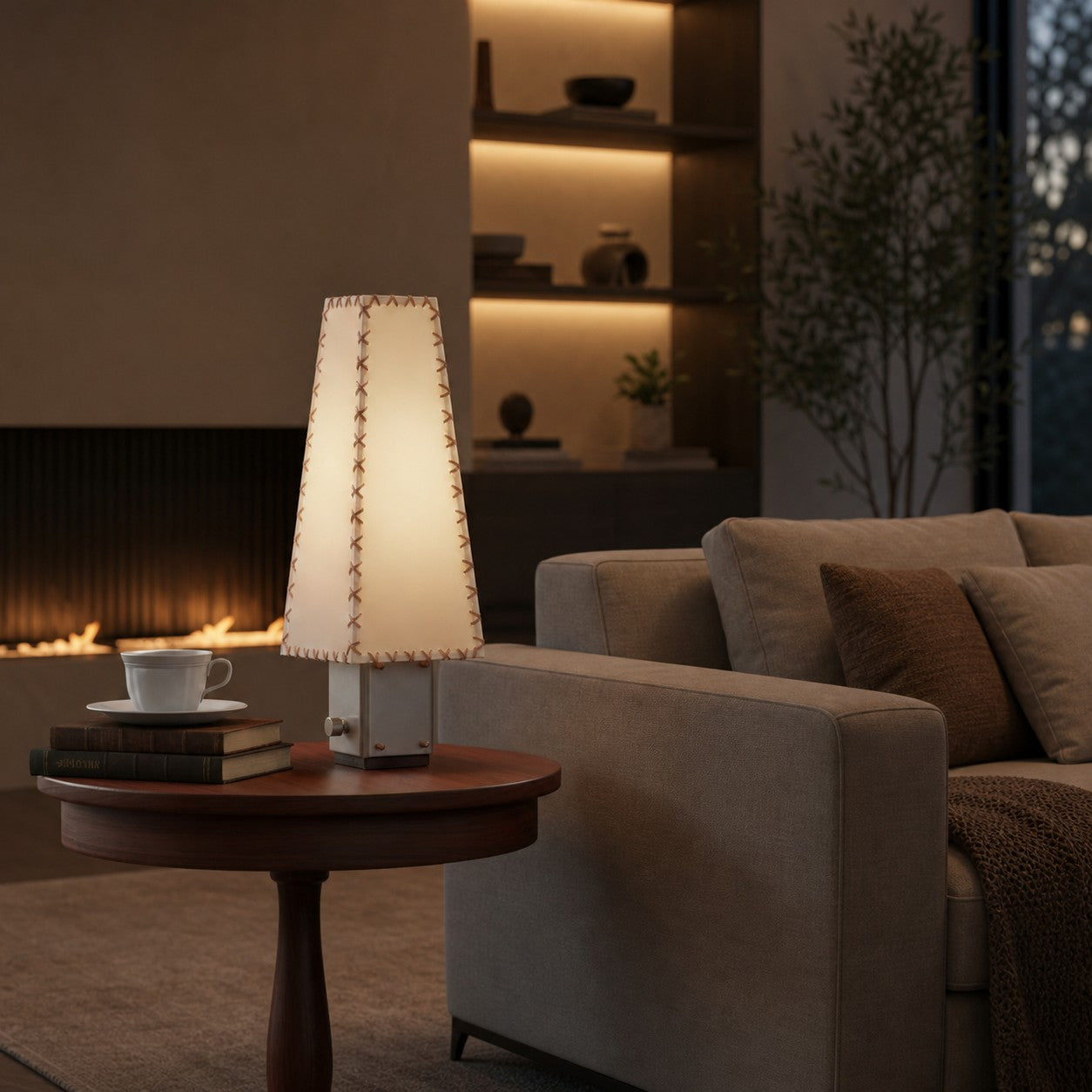Modern Geometric Metal Table Lamp – Parchment Shade for Bedroom Nightstand Lighting