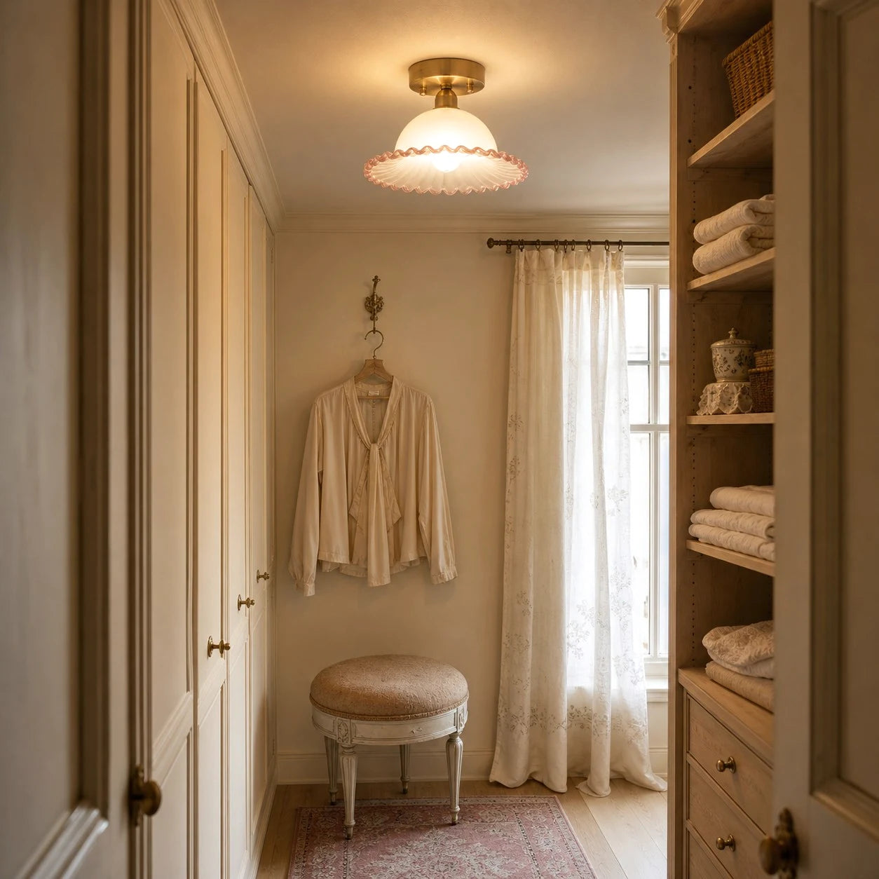 ruffled glass flush mount ceiling light in a wardrobe hallway