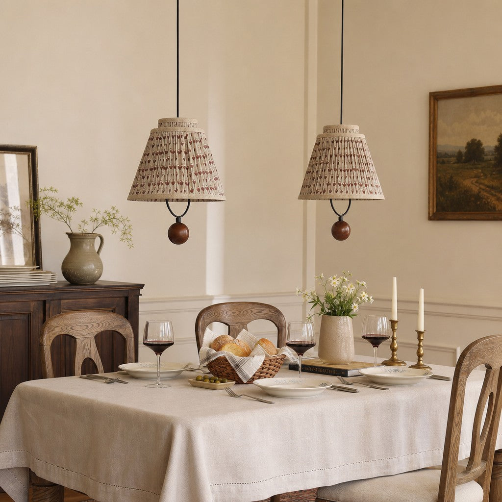 Solmire Fabric Pendant Light - Floral Pleated Shade with Wood and Iron Accents for Dining Room and Kitchen Island