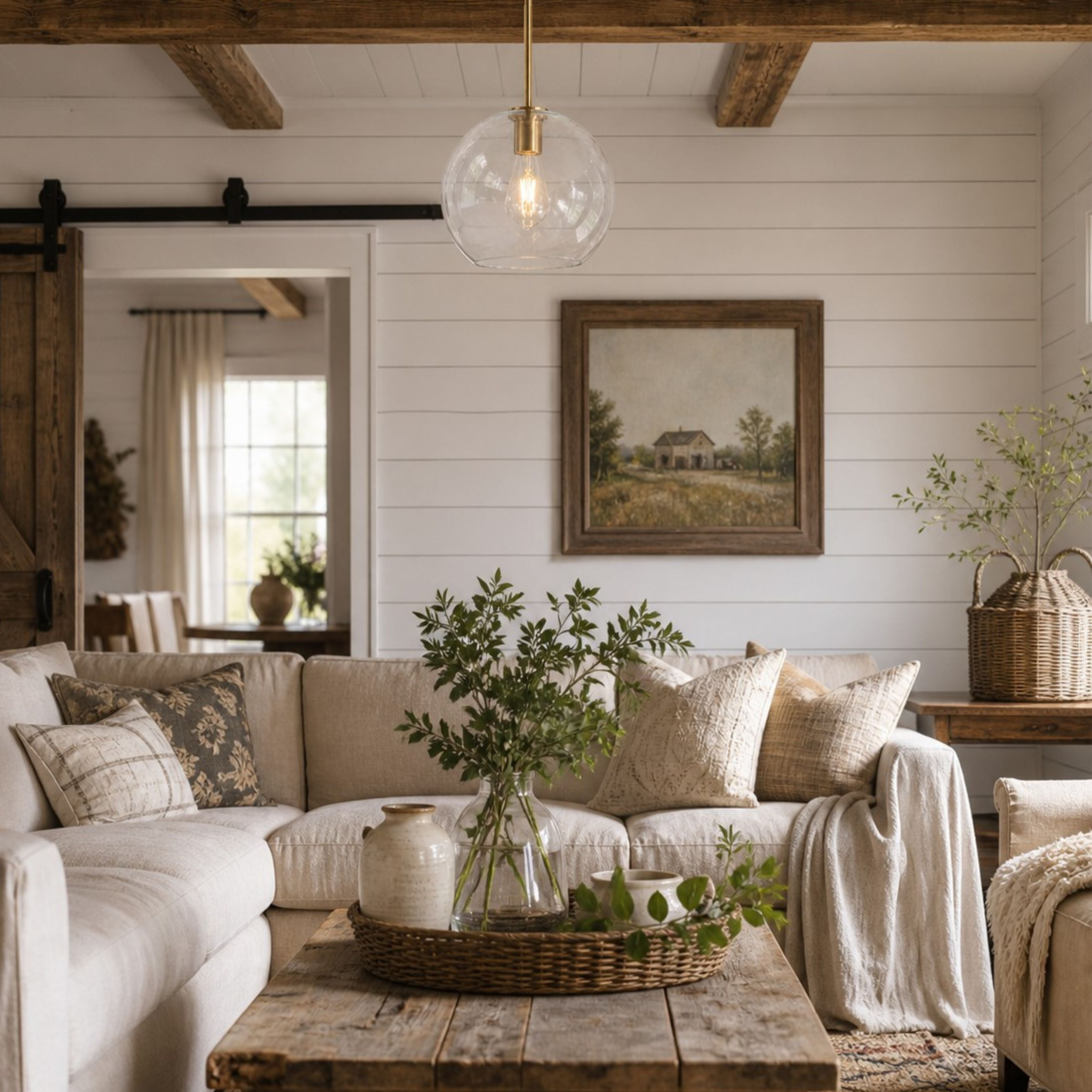 Clear globe pendant in a relaxed living room