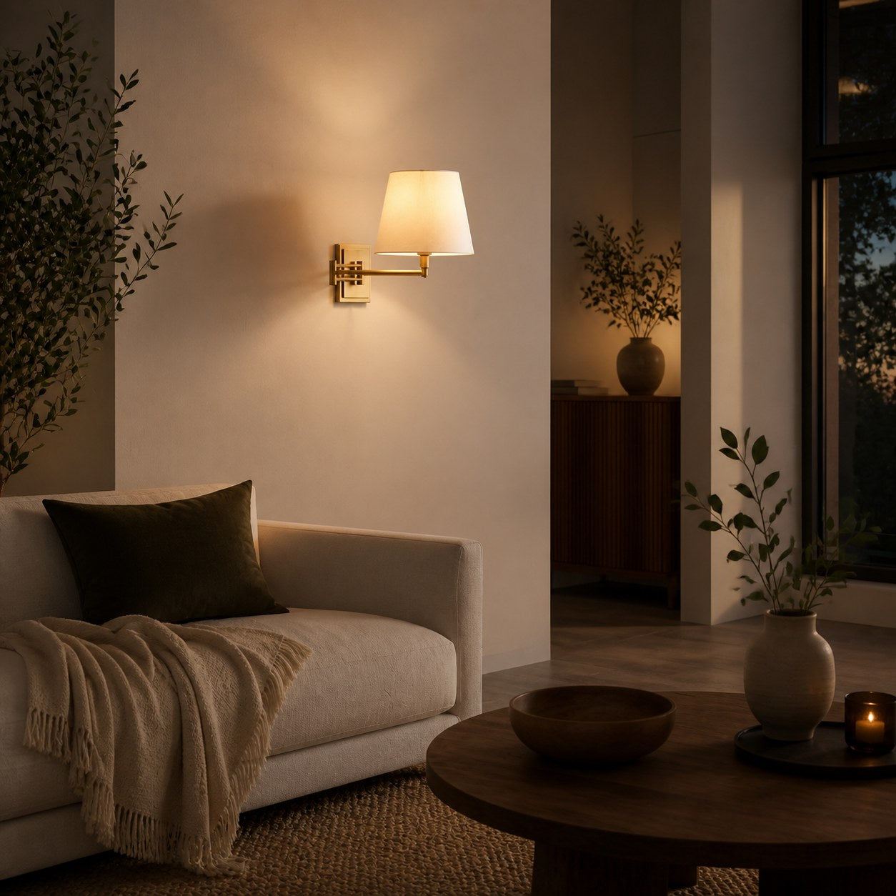 Arcuma Modern Adjustable Arm Wall Sconce with Linen Shade - Contemporary Metal Lighting for Living Room