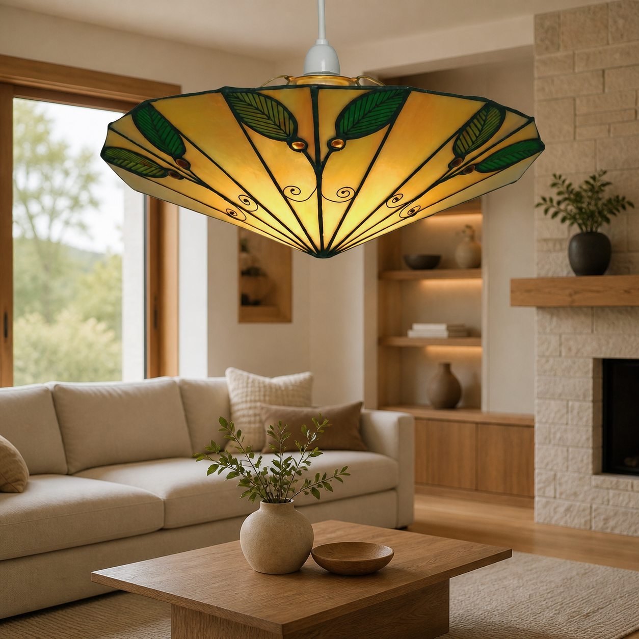 TF Harken Tiffany Style Leaf Pendant Shade Stained Glass Lamp Shade for Living Room and Bedroom