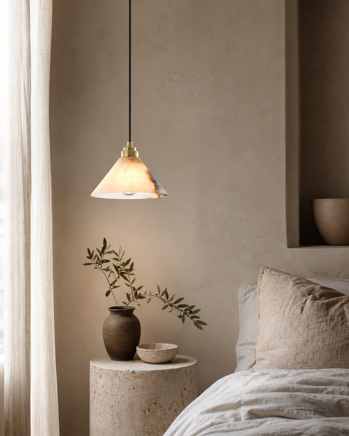 Conical Brass Alabaster Pendant Lamp