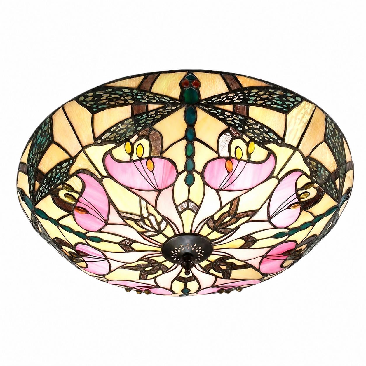 TF Ashton Tiffany Dragonfly Motif Tiffany Glass Flush Surface Mount - Transitional Style for Bedrooms and Lounge Spaces
