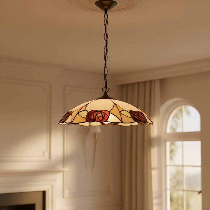 TF Ingram Tiffany Pendant Light – Vintage Handcrafted Stained Glass Floral Shade for Dining Room