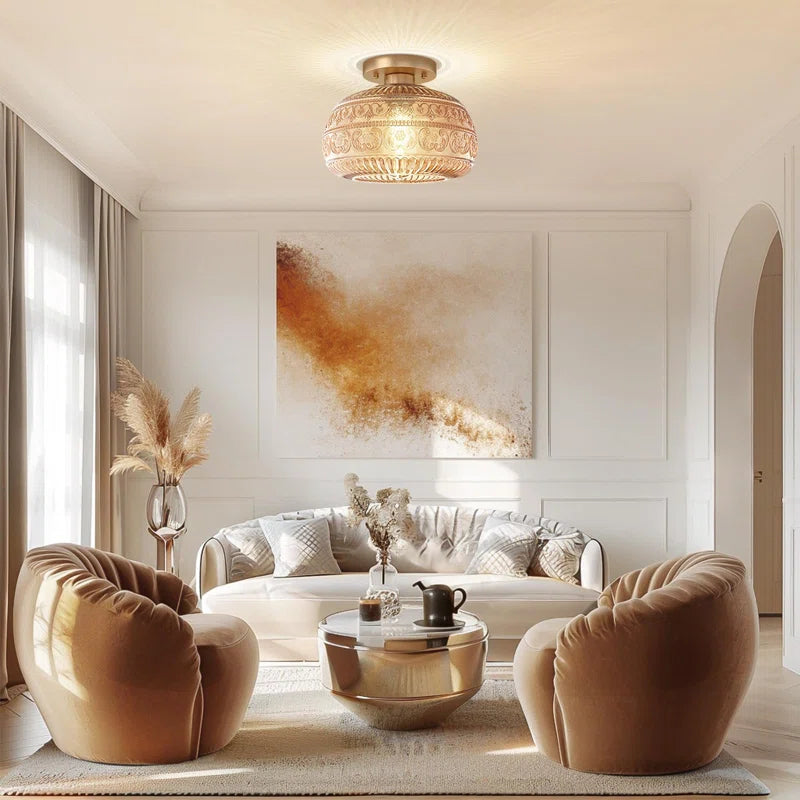 Vintage Glass Semi Flush Mount Ceiling Light with Flora Engraved Pattern